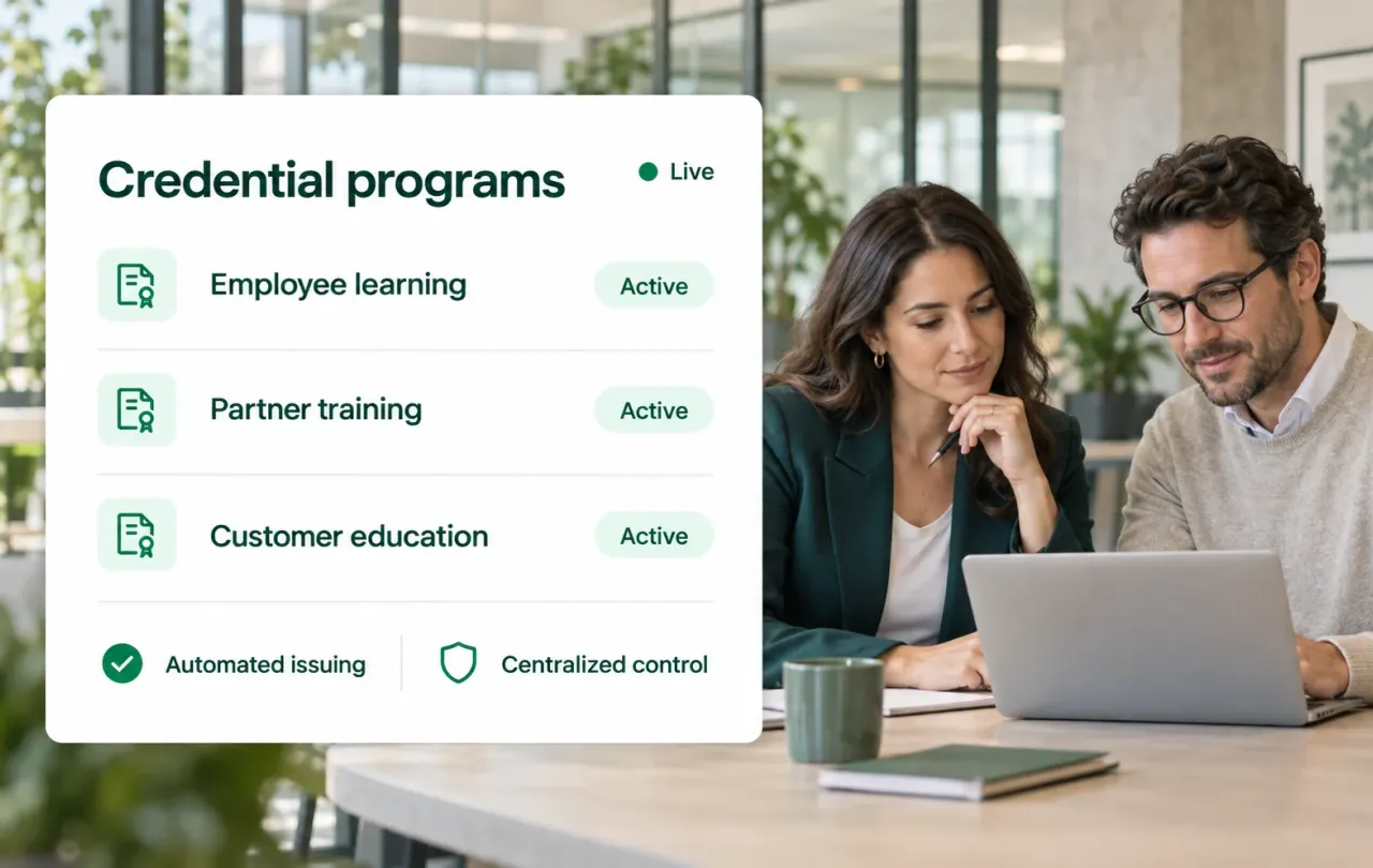 Two colleagues reviewing live credential programs for employee learning, partner training, and customer education