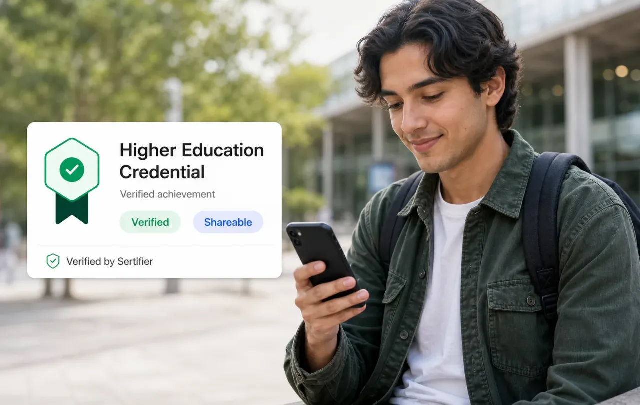 Student on campus viewing a verified higher education digital credential on their phone