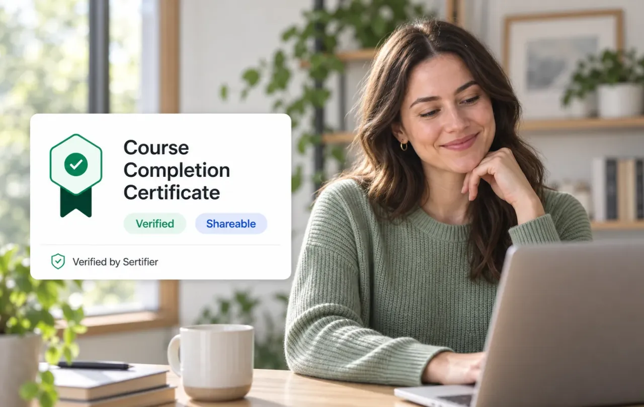 Online learner viewing a verified course completion certificate