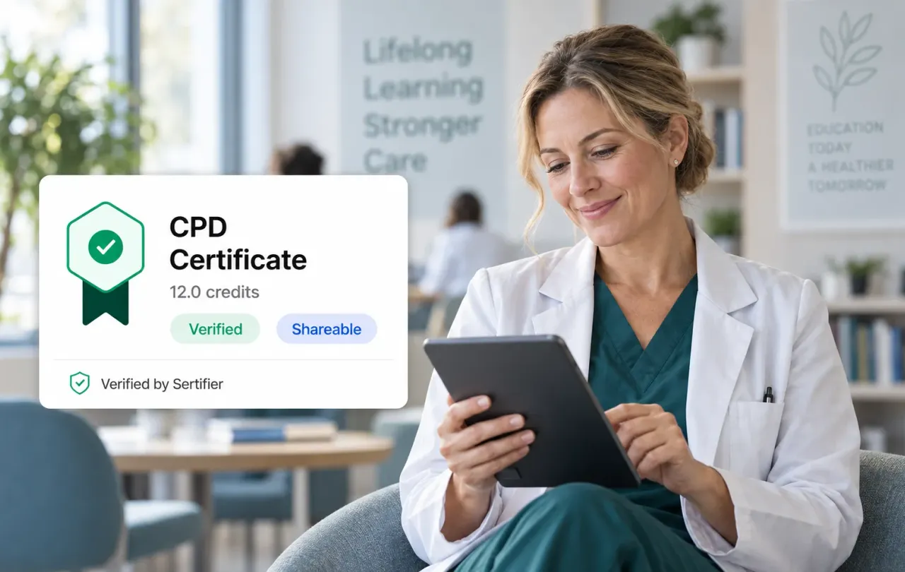 Professional viewing a verified CPD certificate with credit values