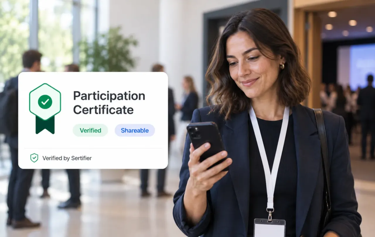 Conference attendee viewing a verified participation certificate