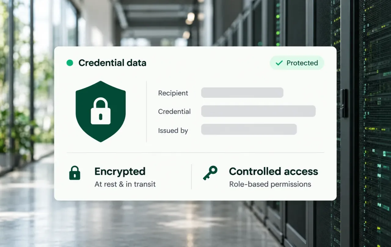 Credential data card marked protected, with encryption at rest and in transit and role-based access