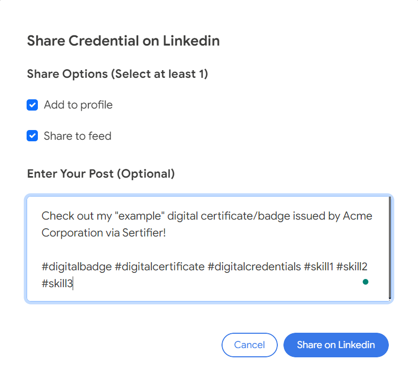 Linkedin Sharing Options