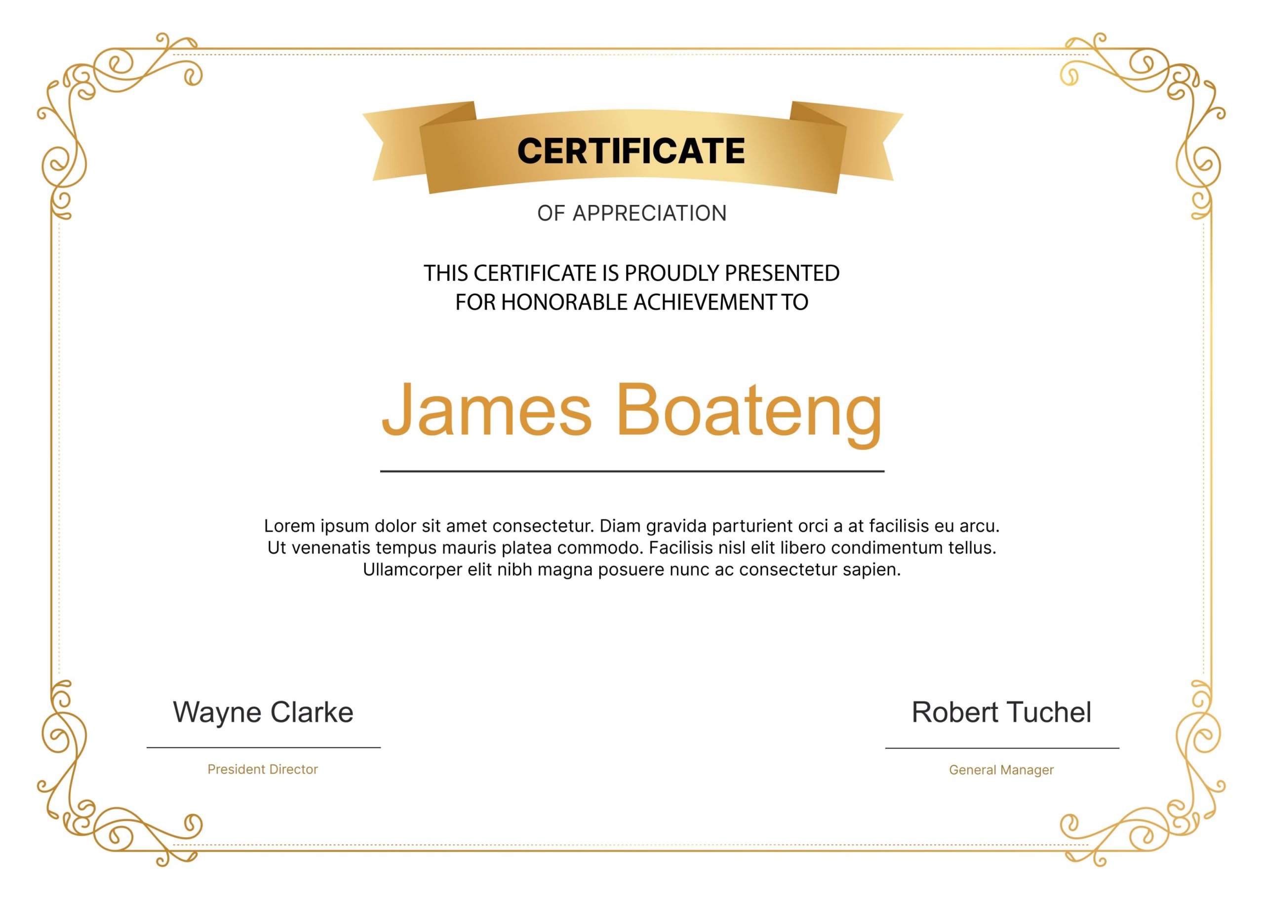 Golden Swirls Honorable Achievement Certificate of Appreciation Examples