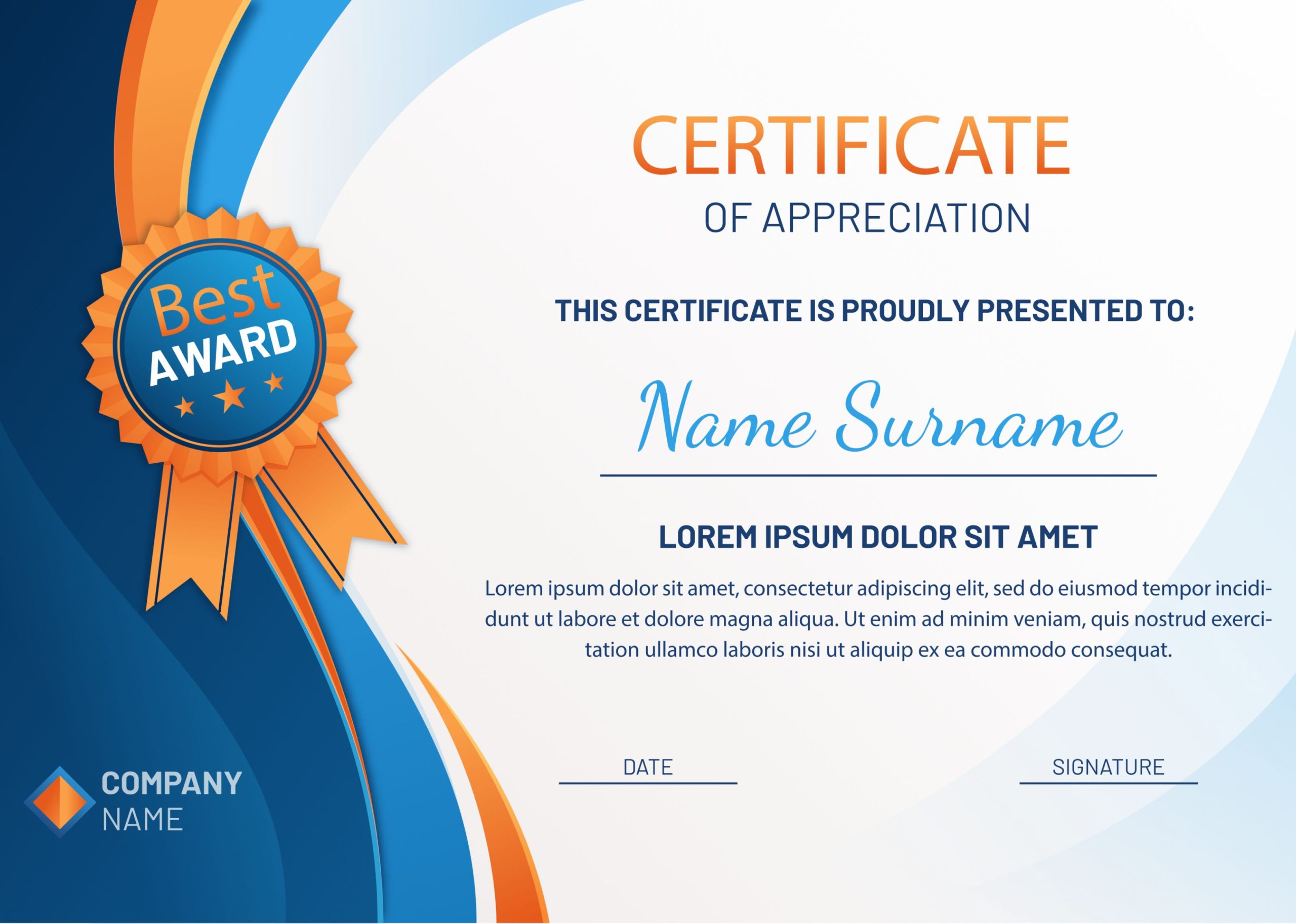 Blue and Orange Ribbon Certificate of Appreciation Examples