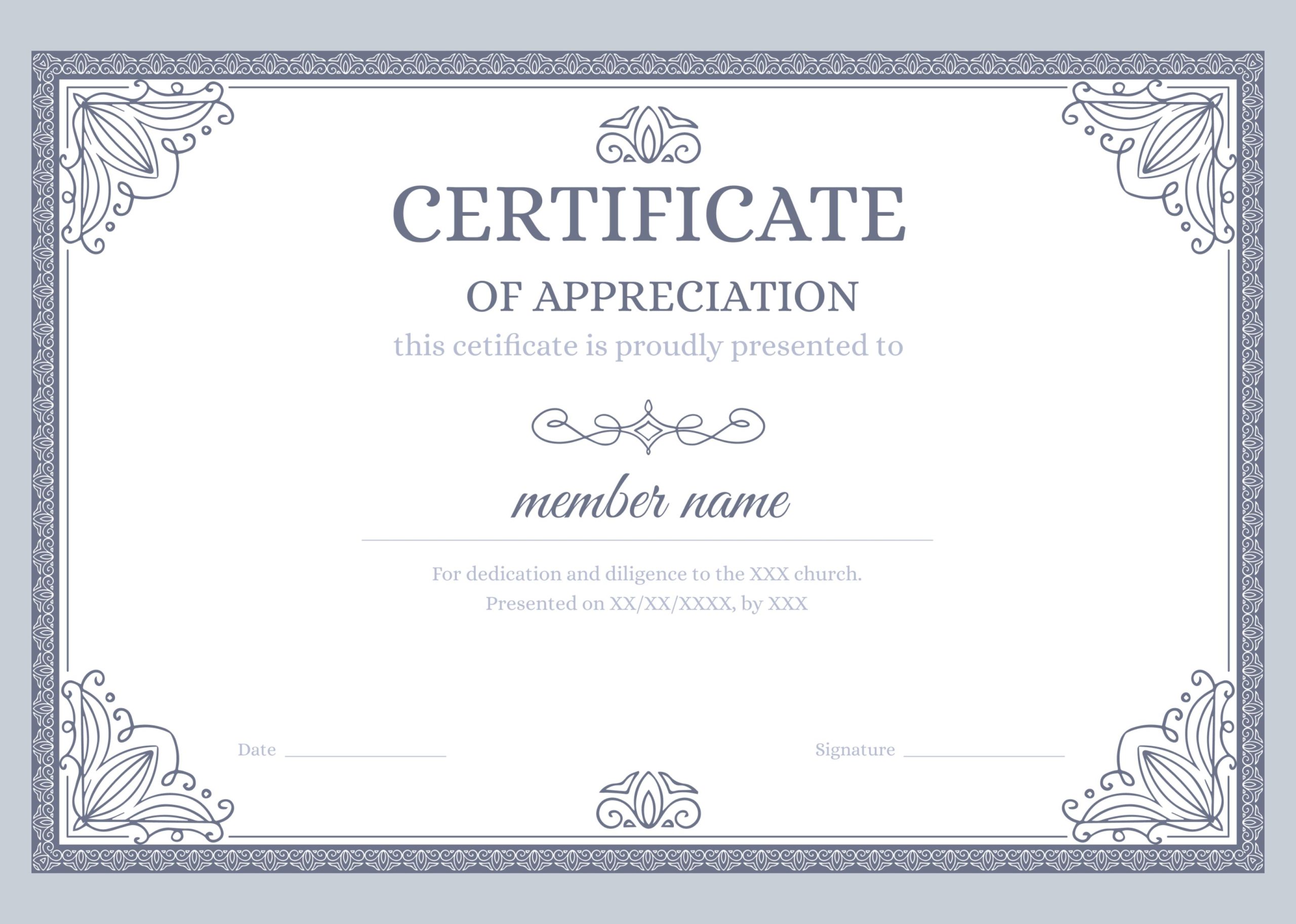 Lavender Floral Border Certificate of Appreciation for Church