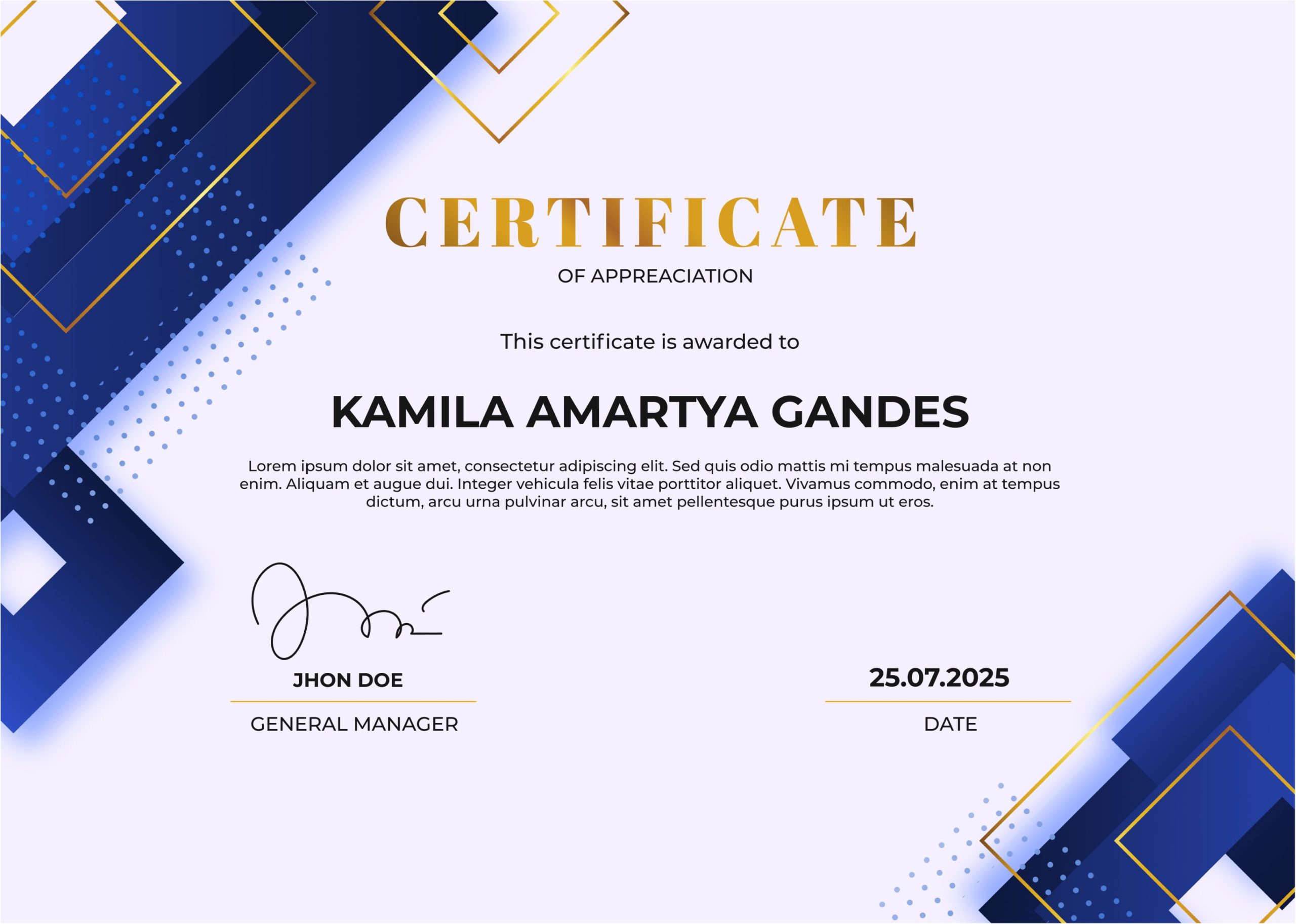 Navy and Gold Modern Geometric Certificate of Appreciation Examples