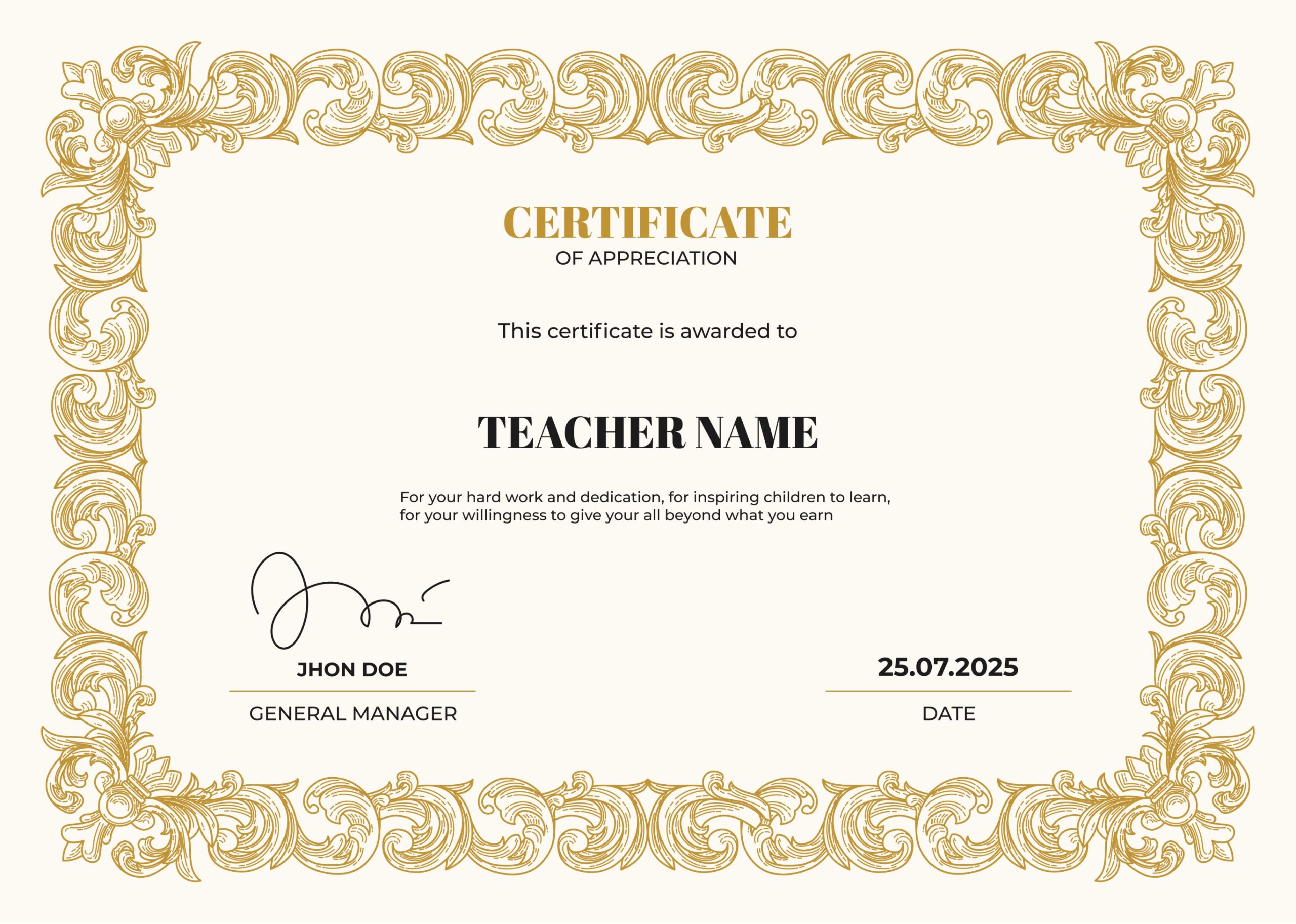 Golden Swirl Detailing Certificate of Appreciation for Teachers