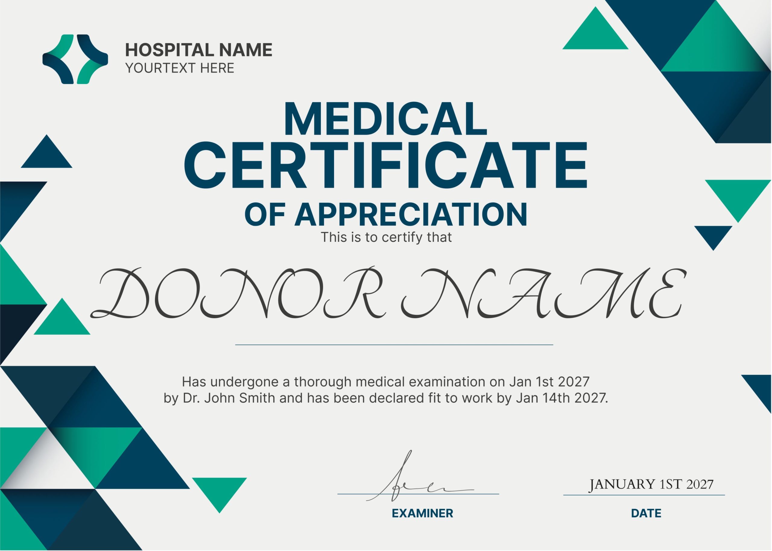 Teal and Geometric Modern Medical Certificate of Appreciation for Donors 