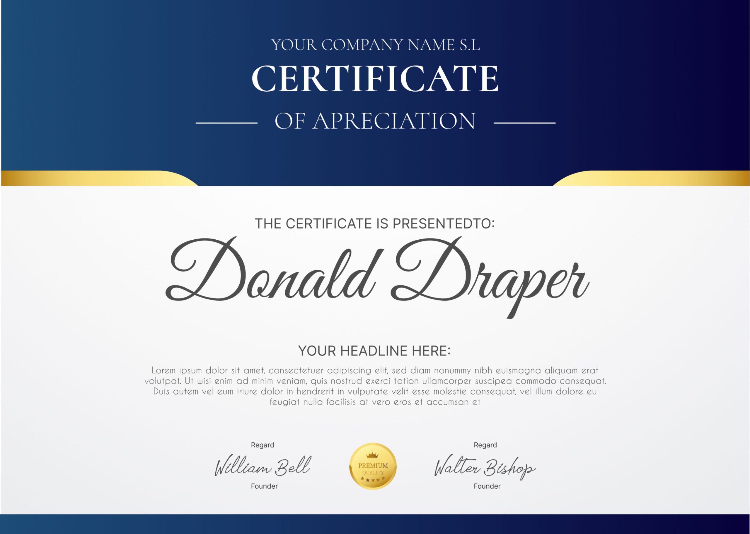 Blue and Gold Classic Corporate Certificate of Appreciation Examples