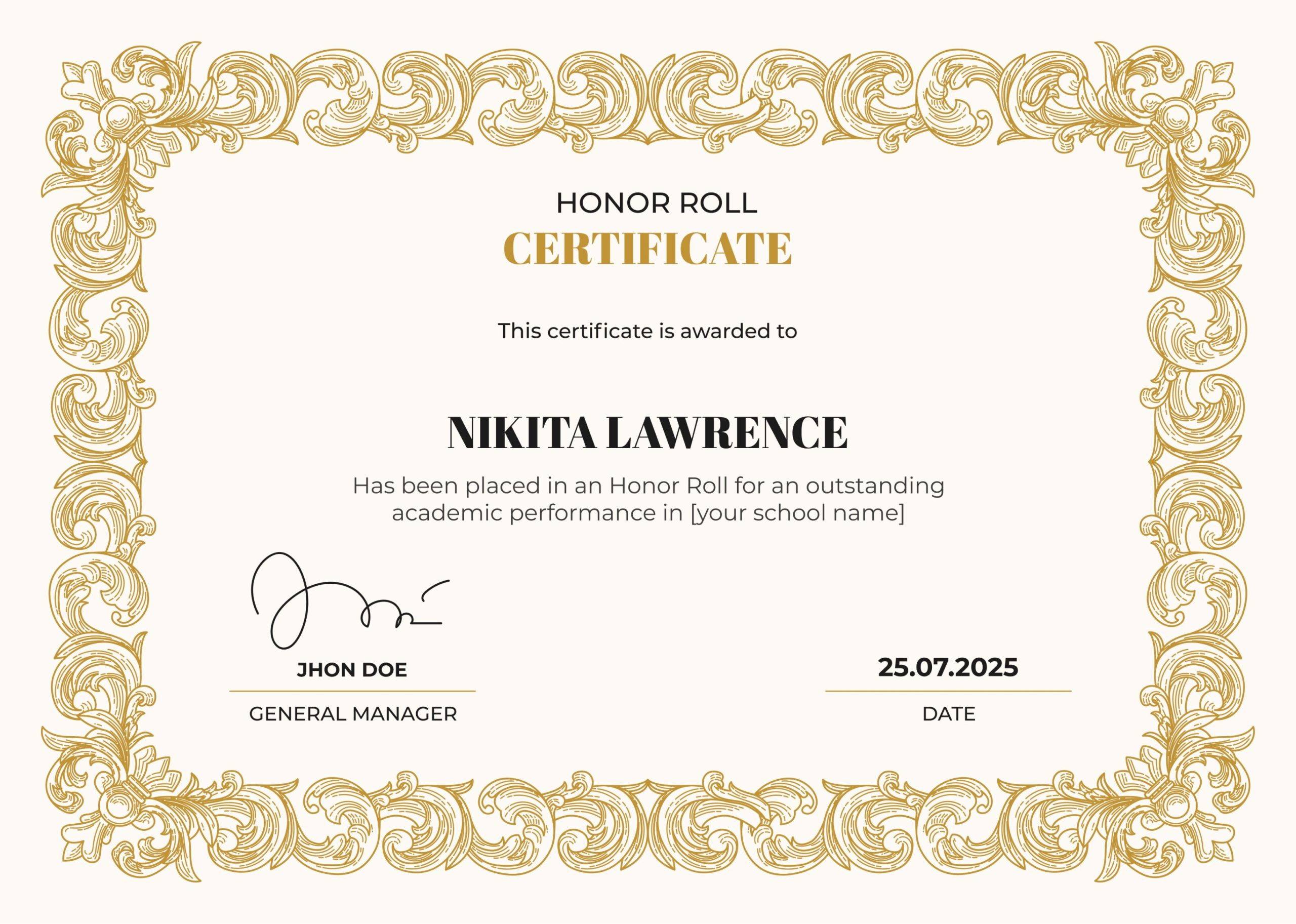Golden Wave Honor Roll Certificate Template