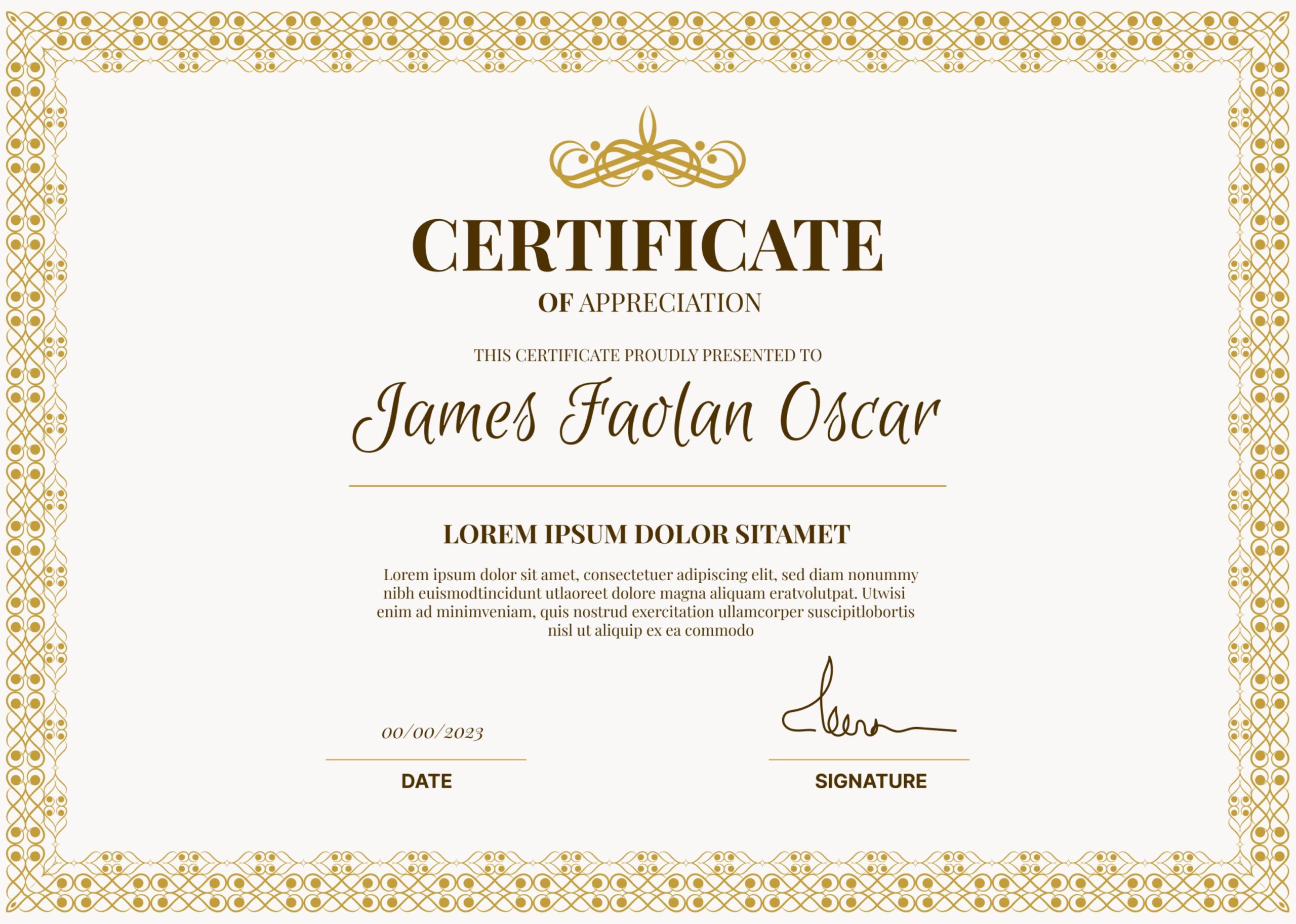 Golden Ornate Classical Certificate of Appreciation Examples