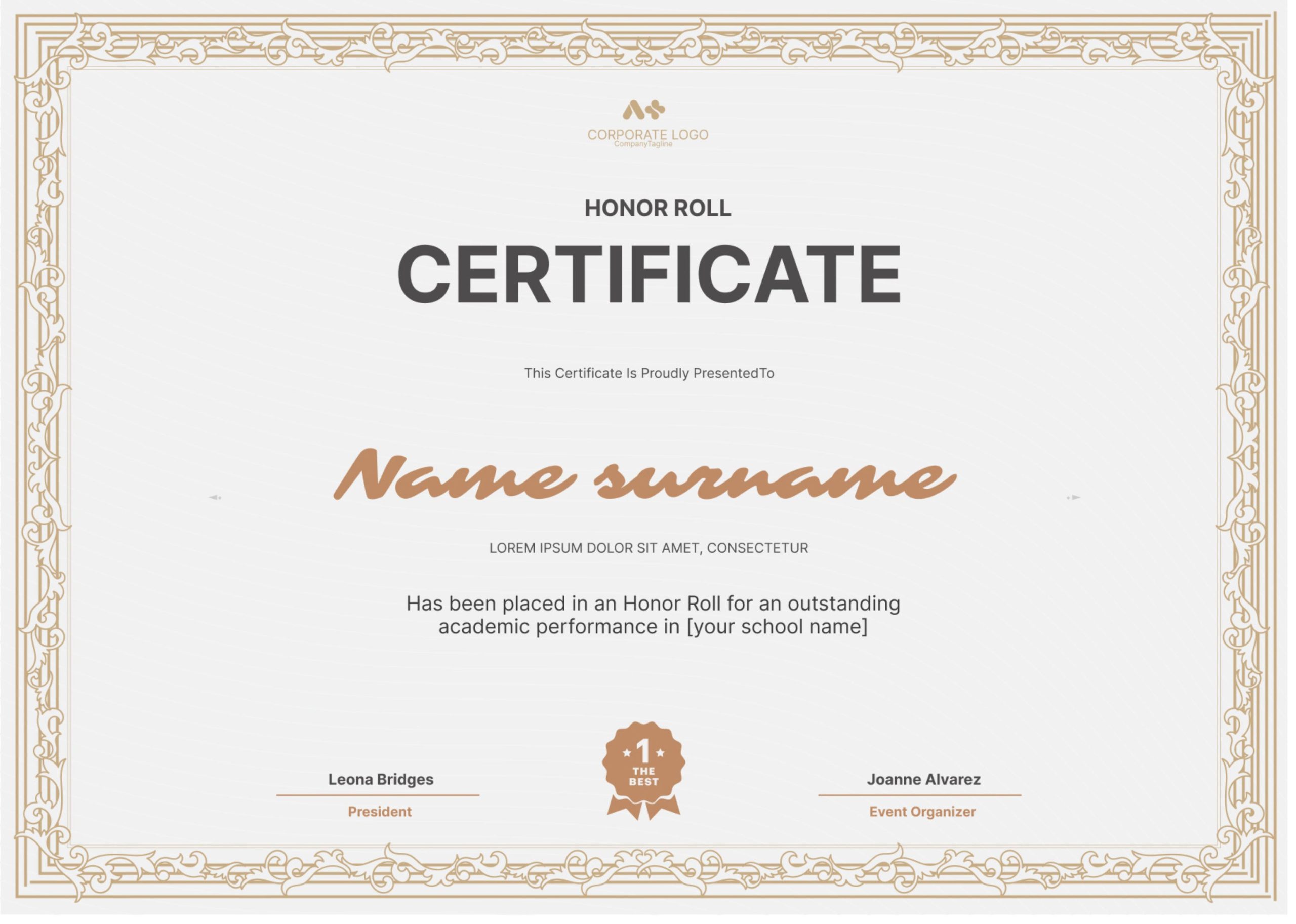 Beige Modern Honor Roll Certificate Template