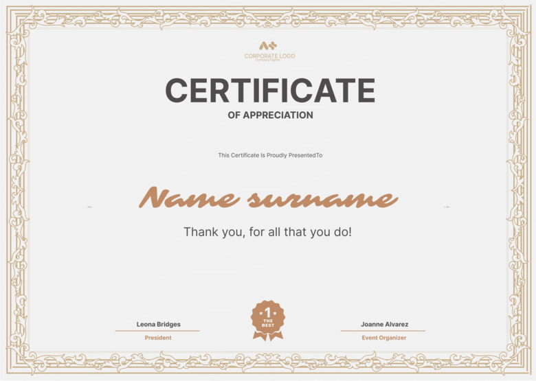 Cream Ornate Border Certificate of Appreciation for Volunteers' Work