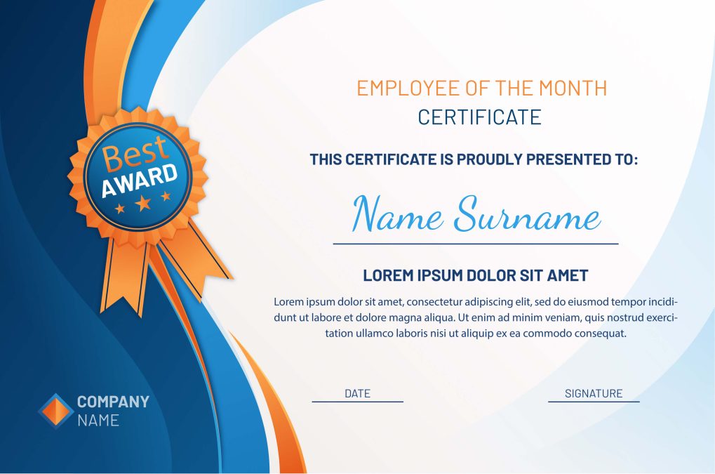 Bright Blue and Orange Ribbon Employee of the Month Certificate