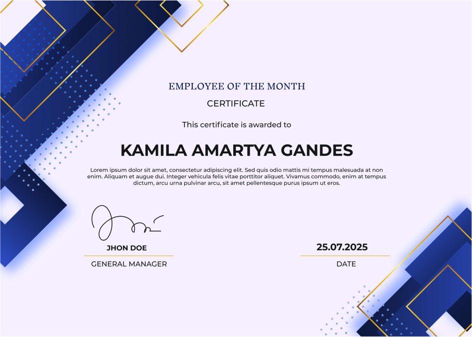 Dark Blue with Gold Diamonds Employee of the Month Certificate