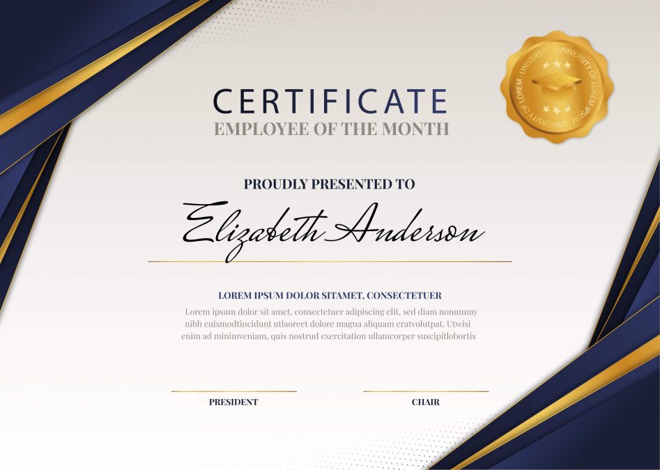 Sleek Dark Blue with Gold Accents Employee of the Month Certificate