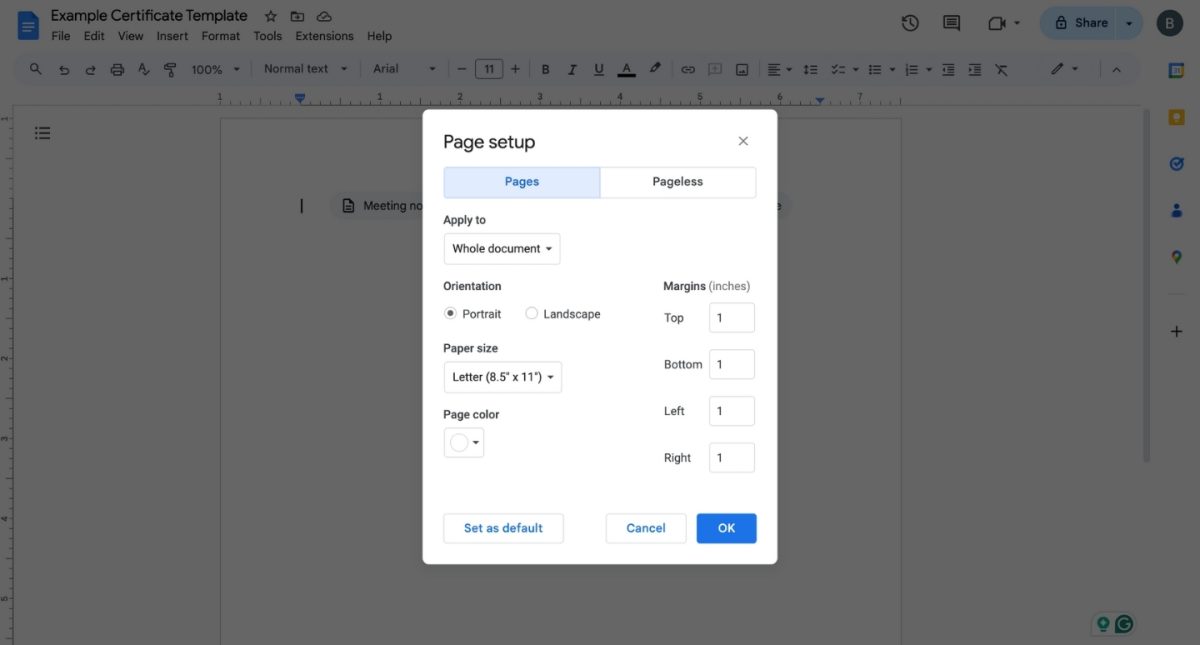 Make a Certificate on Google Docs Example Page Setup