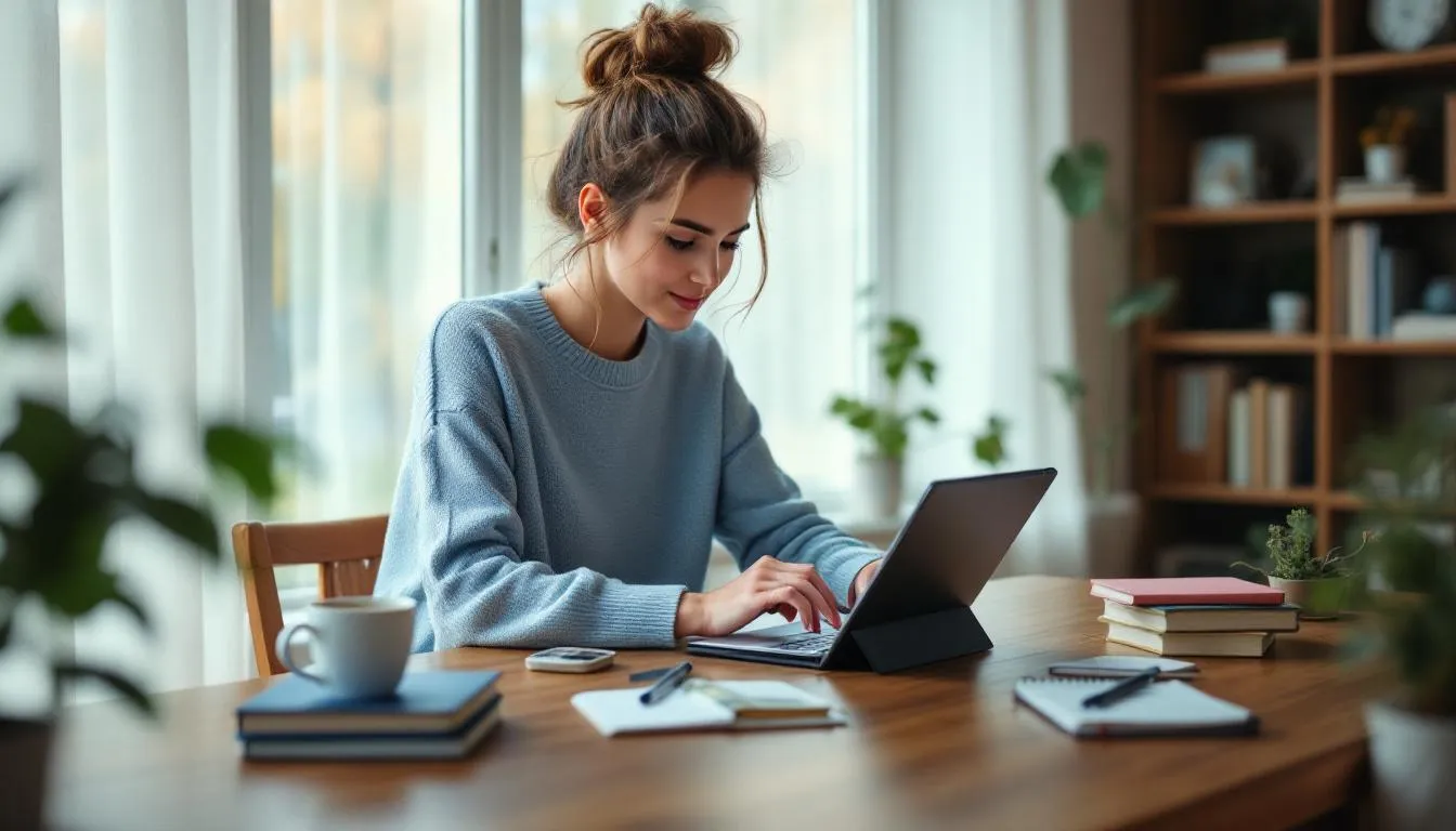 A person is seated comfortably at a desk, using a tablet for online learning in a cozy home study environment, engaging with high-quality content to gain specialized skills and earn stackable micro credentials for professional development. This setup supports lifelong learning and allows today's learners to enhance their expertise at their own pace.