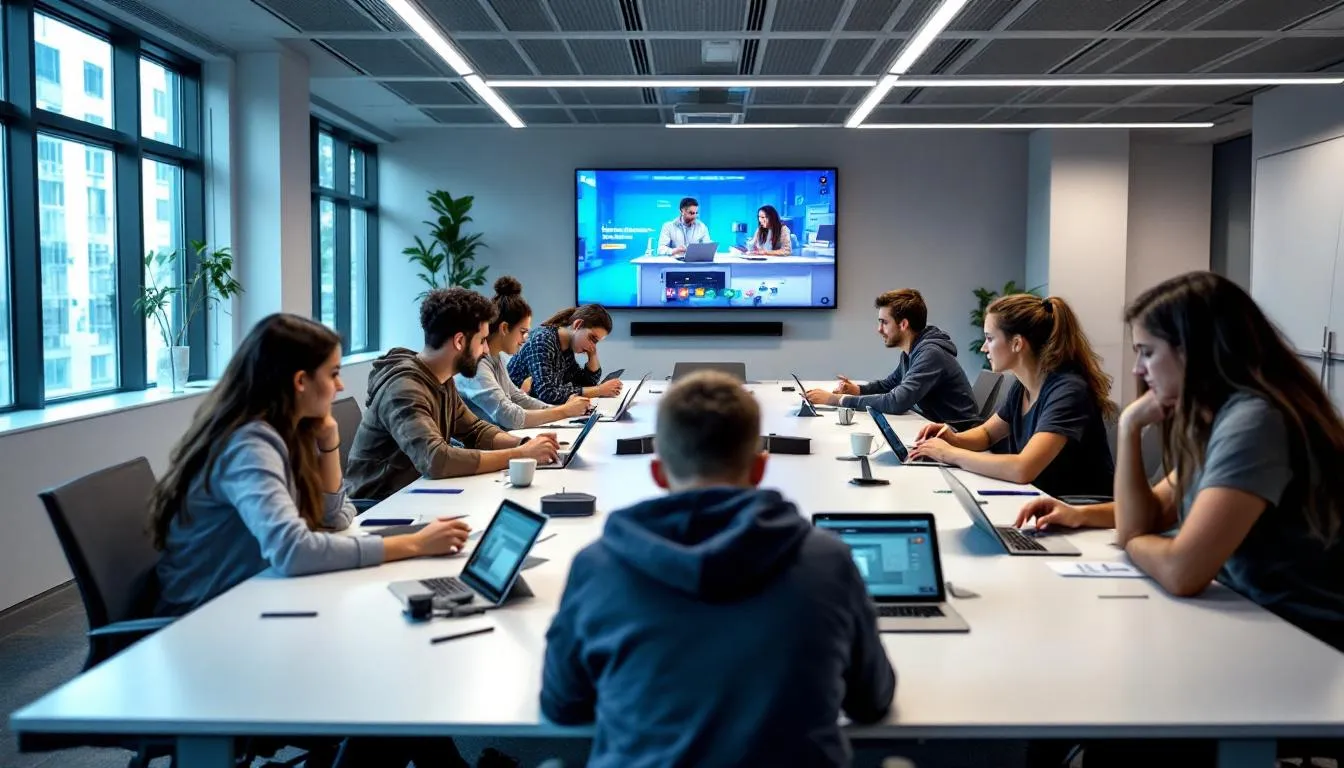 The image depicts a modern classroom filled with students engaged in collaborative learning, each using tablets to enhance their educational experience. This setup reflects the integration of technology in higher education, enabling learners to develop specialized skills and pursue stackable micro credentials that are valuable in today’s job market.