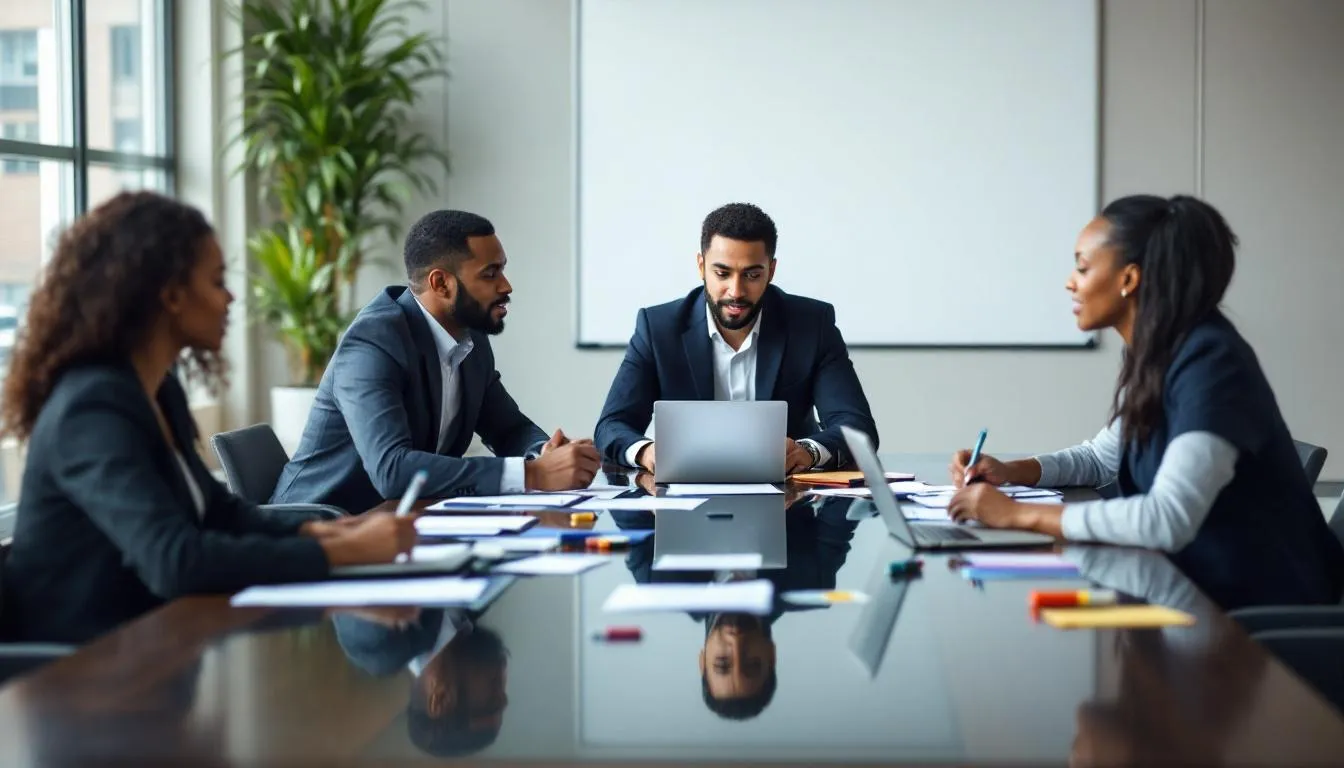 A diverse business team is collaborating around a conference table, engaged with laptops and documents, discussing strategies to enhance their specialized skills and advance professionally in today's job market. This setting reflects the importance of formal degree programs and stackable micro credentials in developing essential skills for success in high-demand fields.