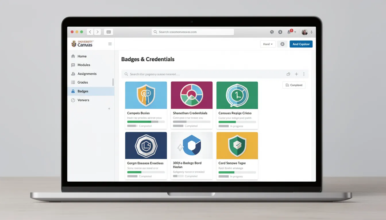 The image depicts a Canvas course interface featuring a navigation menu alongside the integration of badge credentials. It showcases options for students and instructors to access digital badges, manage their badges account, and select credentials, highlighting the process of earning and awarding digital certificates within the Canvas LMS.
