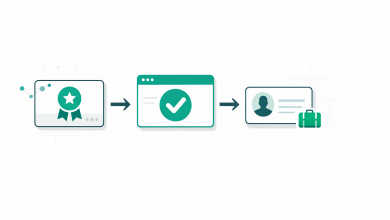 Illustration of a badge, verification page, and portable profile card workflow