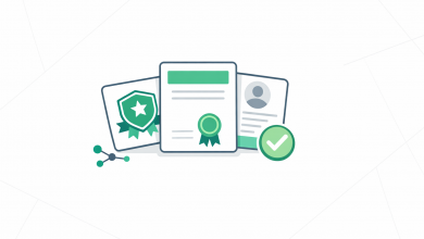Digital badge, certificate, and verification cards in clean minimal layout