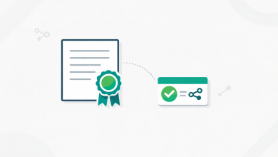 Illustration of a certificate and digital badge connected by verification nodes