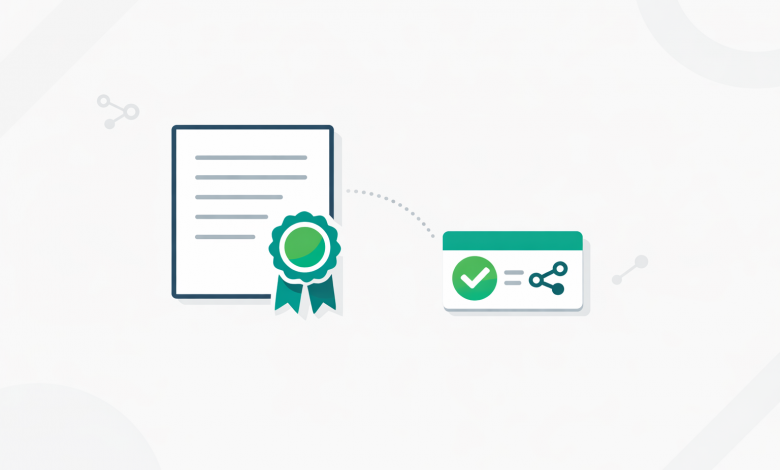 Illustration of a certificate and digital badge connected by verification nodes