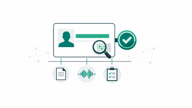 Digital credential with linked evidence icons and verification magnifier illustration