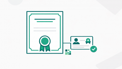 Minimal certificate and badge illustration connected by a verification link icon