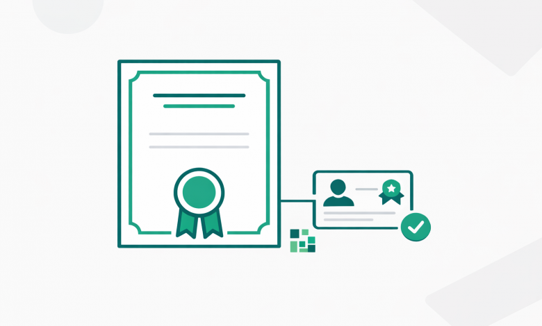 Certificate of Appreciation Template (US): Make Recognition Shareable and Verifiable 1 Minimal certificate and badge illustration connected by a verification link icon
