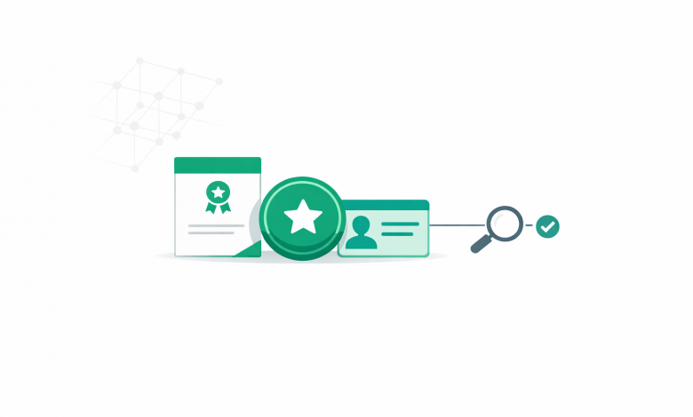 Digital certificate and badge icons connected to a verification check symbol