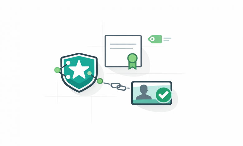 Digital badge, certificate document, and verification card icons on white background