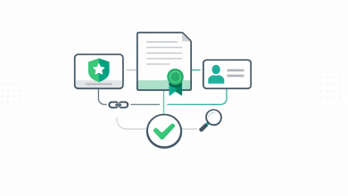 Abstract credential cards connected to a verification check and magnifier