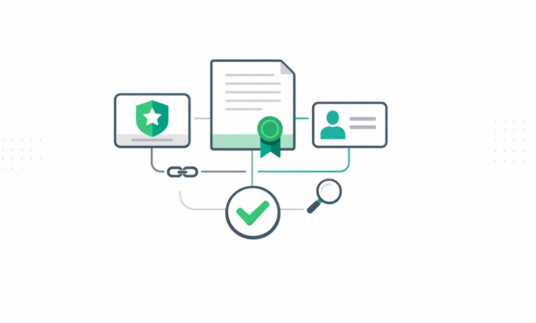 Skill Badges: A Practical Field Guide to Credentials, Evidence, and Verification 1 Abstract credential cards connected to a verification check and magnifier