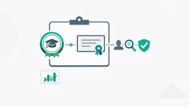 Digital badge and certificate icons connected to a verification check