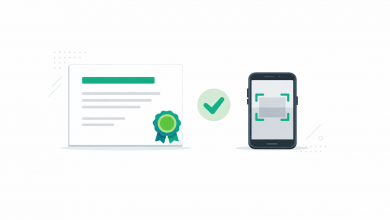 Illustration of a certificate and QR verification on a phone