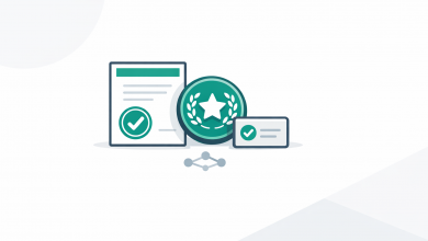 Digital certificate and skill badge icons with verification checkmark illustration