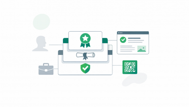 Illustration of credential cards connected to a verification page and QR tile