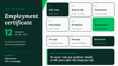 Editorial template library showing six employment certificate types: full-time, end-of-role, contractor, internship, probation, and recognition, with the three downstream uses: visa applications, mortgages, and background checks