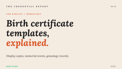 Editorial cover: birth certificate templates explained. Display copies, memorial events, genealogy records. The Credential Report No. 18