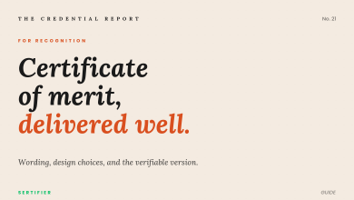 Certificate of merit: wording, design, and when to make it verifiable 10 Editorial cover: certificate of merit delivered well. Wording, design choices, and the verifiable version. The Credential Report No. 21