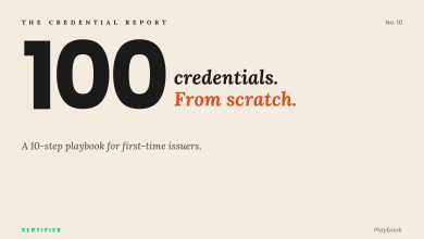 Editorial cover with giant numeral 100. Credentials from scratch. A 10-step playbook for first-time issuers. The Credential Report No. 10