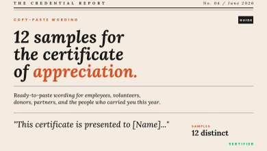 Editorial cover for the credential report No 04 June 2026: 12 ready-to-paste sample wordings for the certificate of appreciation covering employees, volunteers, donors, partners, teachers, students, and retirees