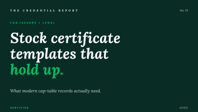 Editorial cover with dark background: stock certificate templates that hold up. What modern cap-table records actually need. The Credential Report No. 19