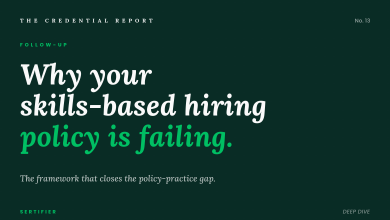 Editorial cover with dark background: why your skills-based hiring policy is failing. The framework that closes the policy-practice gap. The Credential Report No. 13