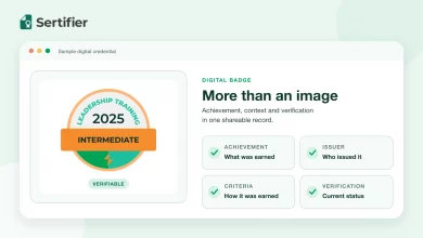 Digital badges: What they are, how they work and how to use them 11 Sertifier sample digital badge displayed with achievement, issuer, criteria and verification fields.