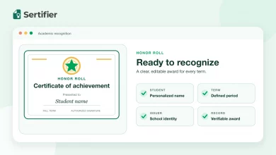Sample honor roll certificate with student, term, issuer and verification fields.
